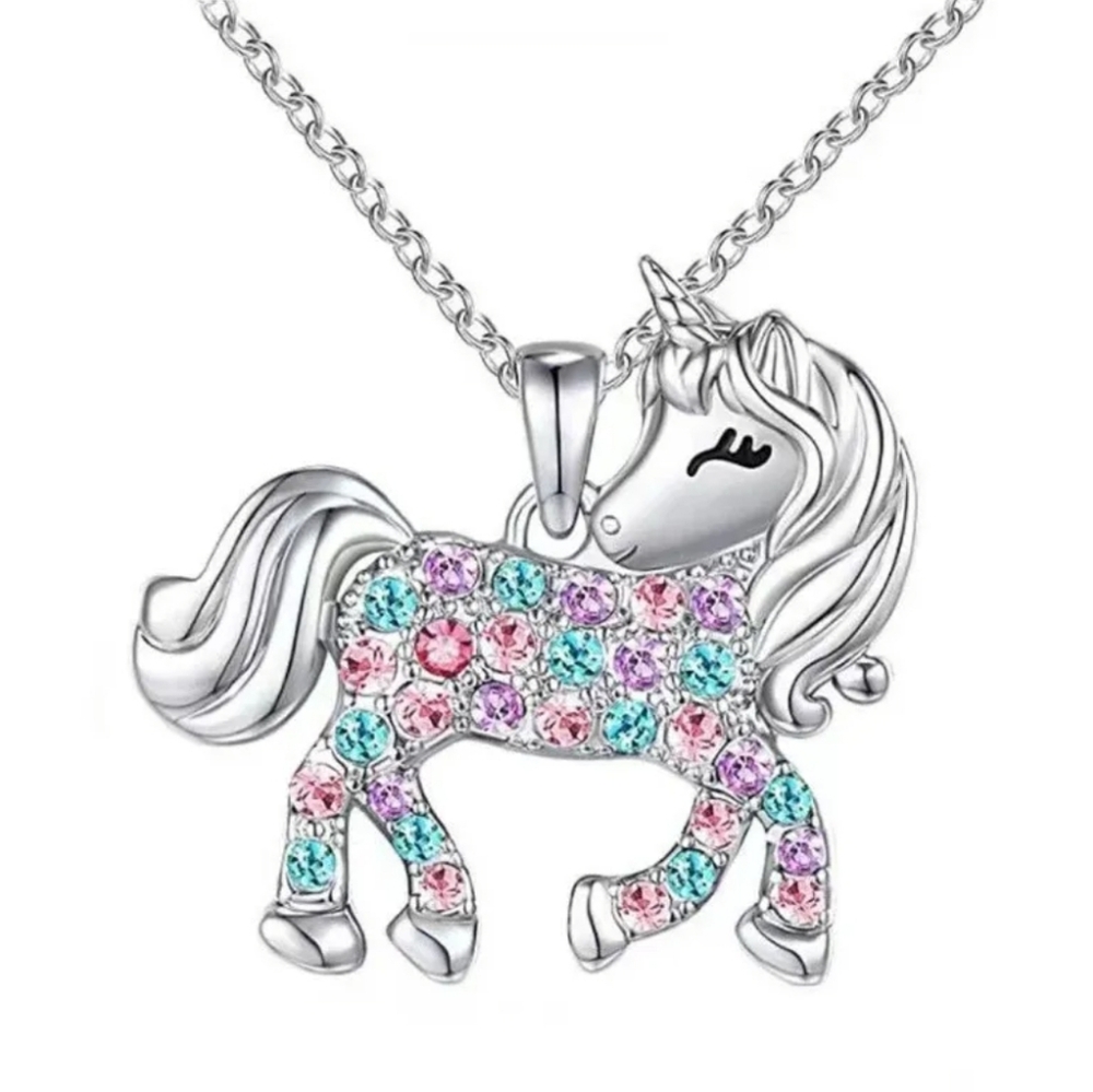 Sterling‎ Silver Colorful Diamond Crystal Unicorn Pendant Necklace Women Girls